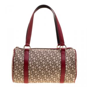 Pre Owned DKNY Beige/Red Canvas and Leather Satchel