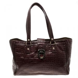 Pre Owned DKNY Dark Red Crocodile Embossed Leather Tote