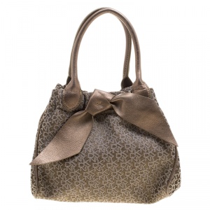 Pre Owned DKNY Metallic Gun Metal Monogram Canvas Bow Tote