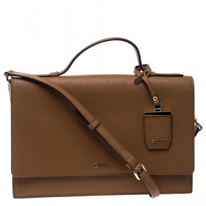 Pre Owned DKNY Light Brown Saffiano Leather Top Handle Flap Shoulder Bag