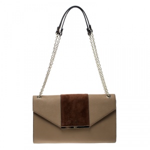 Pre Owned DKNY Dark Beige/Brown Leather Flap Shoulder Bag