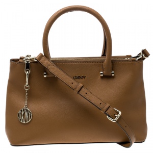 Pre Owned DKNY Camel Leather Medium Bryant Park Double Zip Shopper Tote