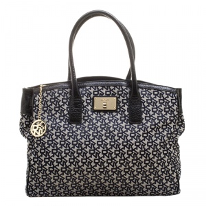 Pre Owned DKNY Grey/Black Signature Canvas and Leather Tote