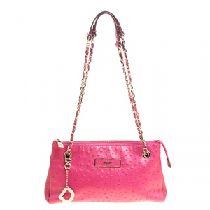 Pre Owned DKNY Hot Pink Ostrich Embossed Shoulder Bag