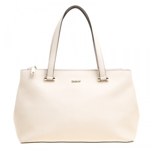 Pre Owned DKNY Light Beige Leather Medium Bryant Park Double Zip Shopper Top Handle Bag