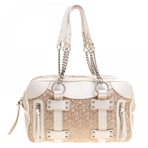 Pre Owned DKNY Beige/White Signature Canvas and Leather Satchel