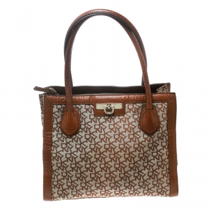 Pre Owned DKNY Beige/Brown Signature Canvas and Leather Tote