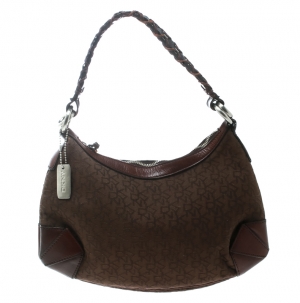 Pre Owned DKNY Brown Signature Canvas and Leather Shoulder Bag