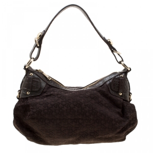 Pre Owned DKNY Brown Signature Fabric and Croc Embossed Leather Hobo