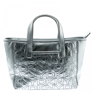Pre Owned DKNY Silver Signature Leather Zip Tote