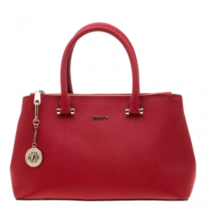 Pre Owned DKNY Red Dona Karan Saffiano Leather Double Zip Tote