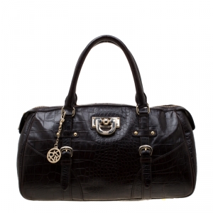 Pre Owned DKNY Dark Brown Crocodile Embossed Leather Bowler Bag