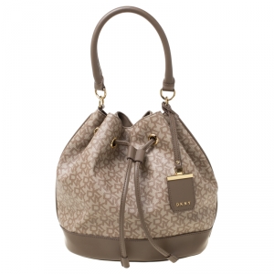 Pre Owned DKNY Dark Beige Signature Coated Canvas and Leather Drawstring Bucket Bag