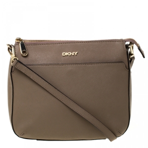 Pre Owned DKNY Dark Beige Leather Top Zip Crossbody Bag
