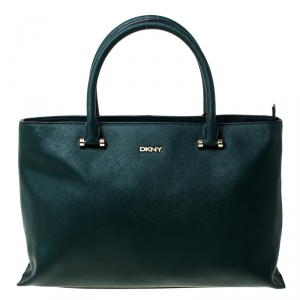 Pre Owned DKNY Dark Green Leather Dona Karan Zip Tote