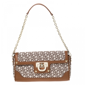 Pre Owned Dkny Brown/Beige Monogram Canvas Flap Chain Shoulder Bag