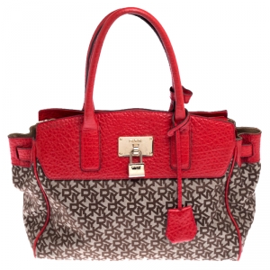 Pre Owned DKNY Beige/Red Signature Canvas and Leather Satchel 