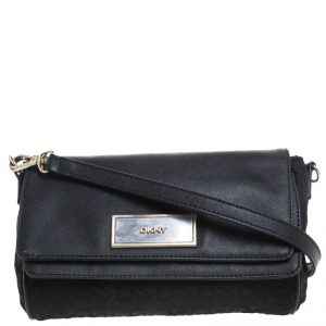 Pre Owned  DKNY Black Canvas and Leather Flap Crossbody Bag