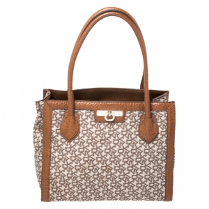 Pre Owned DKNY Beige/Tan Signature Canvas and Leather Tote