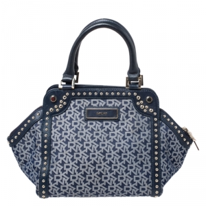 Pre Owned Dkny Blue Signature Canvas with Leather Trim Studded Satchel