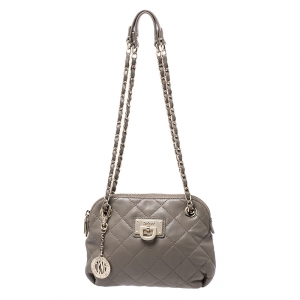 Pre Owned Dkny Dark Grey Quilted Leather Zip Chain Shoulder Bag