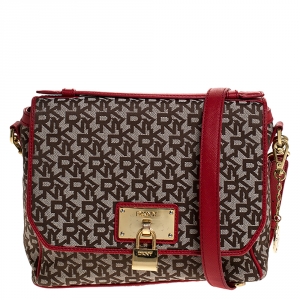 Pre Owned DKNY Beige/Red Signature Canvas and Leather Flap Crossbody Bag