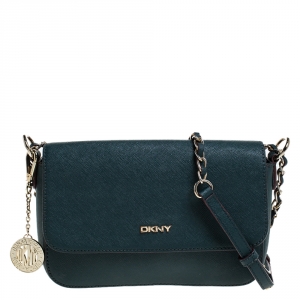 Pre Owned DKNY Green Leather Bryant Flap Crossbody Bag