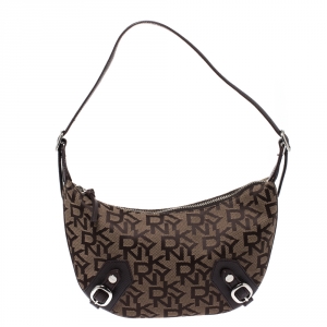 Pre Owned DKNY Brown Signature Canvas and Lizard Embossed Leather Shoulder Bag