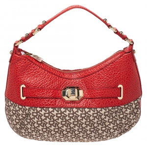 Pre Owned Dkny Beige/Orange Signature Canvas and Leather Hobo