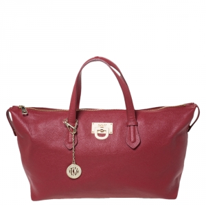 Pre Owned Dkny Red Leather Top Zip Tote
