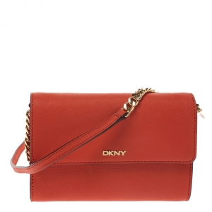 Pre Owned Dkny Orange Leather Flap Shoulder Bag