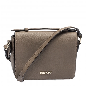 Pre Owned DKNY Taupe Leather Flap Crossbody Bag