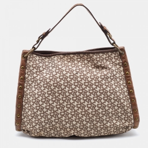 Pre Owned DKNY Brown/Beige Signature Canvas and Leather Studded Shoulder Bag