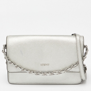 Pre Owned DKNY Silver Leather Bryant Flap Crossbody Bag