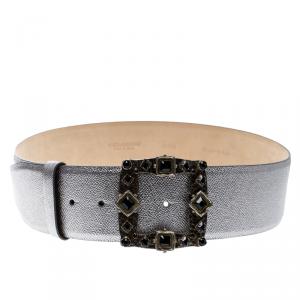 Pre Owned Dolce and Gabbana Silver Leather Crystal Embellished Buckle Belt 95cm