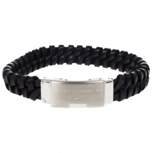 Dolce & Gabbana Black Woven Leather Plaque Bracelet Large