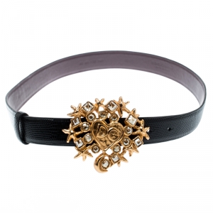 Pre Owned Dolce and Gabbana Black Lizard Embossed Leather Crystal Embellished DG Heart Buckle Belt 95CM