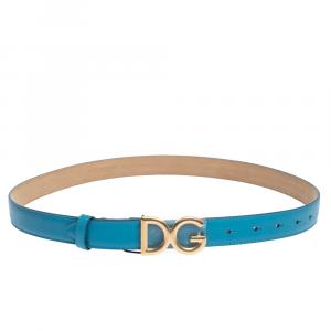 مملوكة مسبقًا Dolce & Gabbana Sky Blue Leather Logo Buckle Belt 85CM