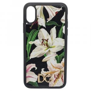 مملوكة مسبقًا Dolce & Gabbana Black Lily Print Leather Logo Plaque iPhone X-XS Cover