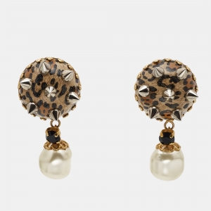 Dolce & Gabbana Leopard-Printed Spikes Faux Pearl Crystal Two Tone Clip-on Earrings 