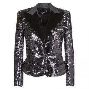 Pre Owned Dolce and Gabbana Black Sequin Paillette Embellished Velvet Trim Blazer S