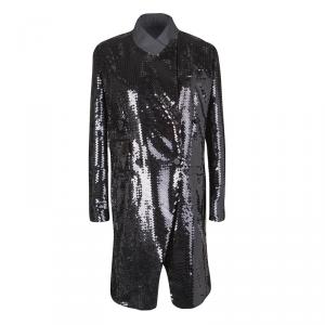 Pre Owned Dolce and Gabbana Black Sequin Paillette Embellished Velvet Trim Double Breasted Coat S