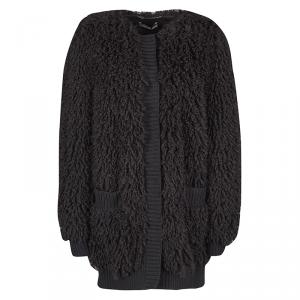Dolce and Gabbana Black Wool Fringe Rib Trim Shaggy Coat L