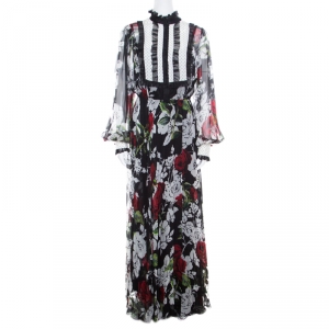 Pre Owned Dolce and Gabbana Black Floral Printed Silk Contrast Bib Detail Long Sleeve Maxi Dress L