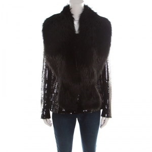 Dolce & Gabbana Black Sequin Paillette Embellished Fox Fur Collar Jacket S