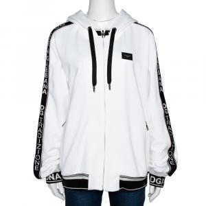 Pre Owned Dolce & Gabbana White Cotton Logo Bands Hooded Sweatshirt IT 40