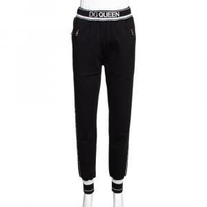 Pre Owned Dolce & Gabbana Black Stretch Jersey Logo Bands Track Pants IT 36