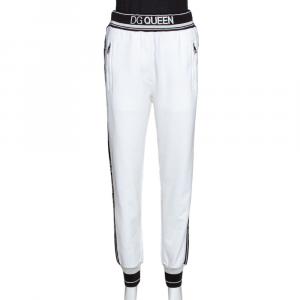 Pre Owned Dolce & Gabbana White Stretch Jersey Logo Bands Track Pants IT 40