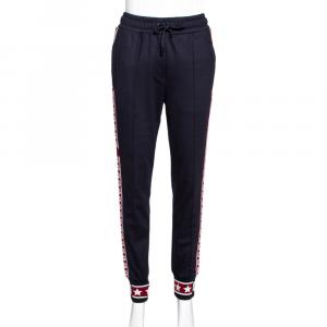 Pre Owned Dolce & Gabbana Dark Blue Wool DG Logo Bands Track Pants IT 46