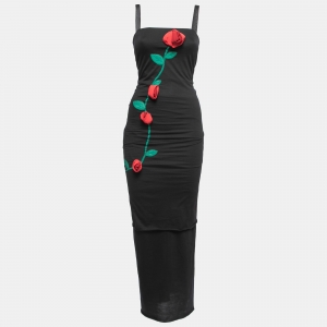 Pre Owned Dolce & Gabbana Black Floral Embroidered Stretch Wool Gathered Dress S